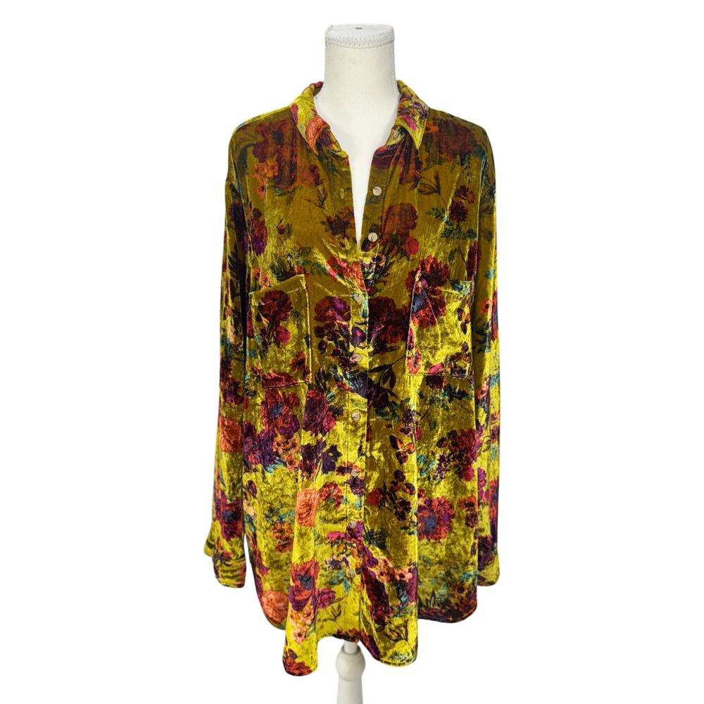 Anthropologie Pilcro Hadley Relaxed Velvet Burnout Shirt 2X Mustard Festival - Picture 3 of 16